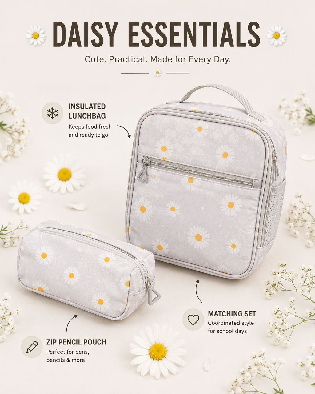 Daisy Collection Backpack Set (3-in-1) – Cloud Grey & Midnight Daisy | Kids School Bag with Lunch Bag & Pencil Pouch