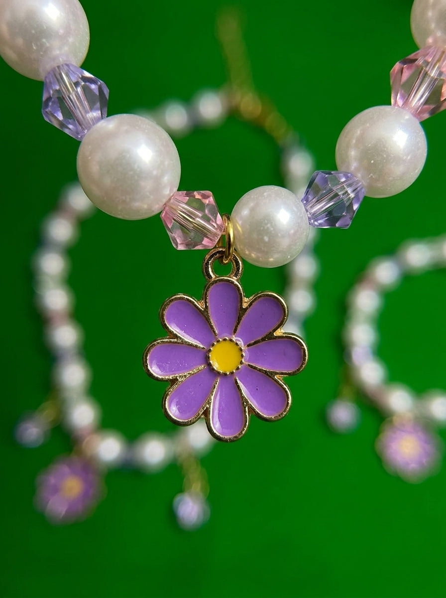 The Daisy Pearl Necklace & Bracelet Set | Floral Beaded Jewelry Collection | Lavender Daisy