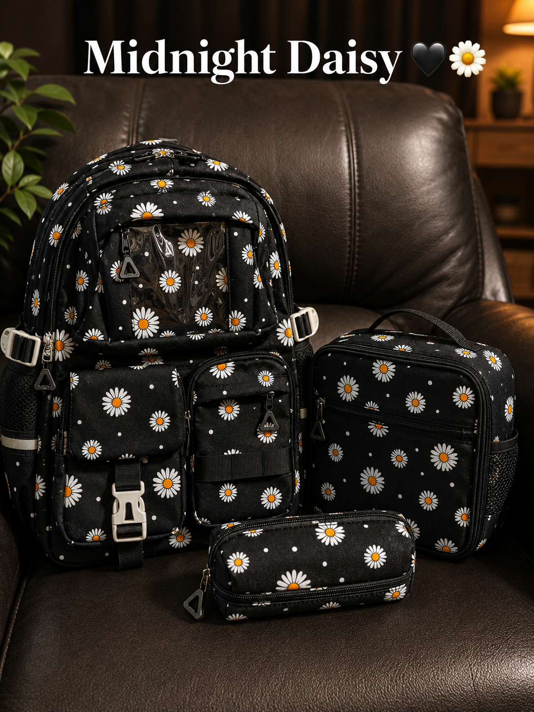 Daisy Collection Backpack Set (3-in-1) – Midnight Daisy | Kids School Bag with Lunch Bag & Pencil Pouch