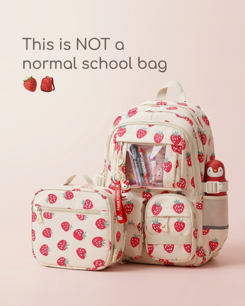 Strawberry Themed Kids Backpack Set – Cute Water-Resistant School Bag (3-in-1)