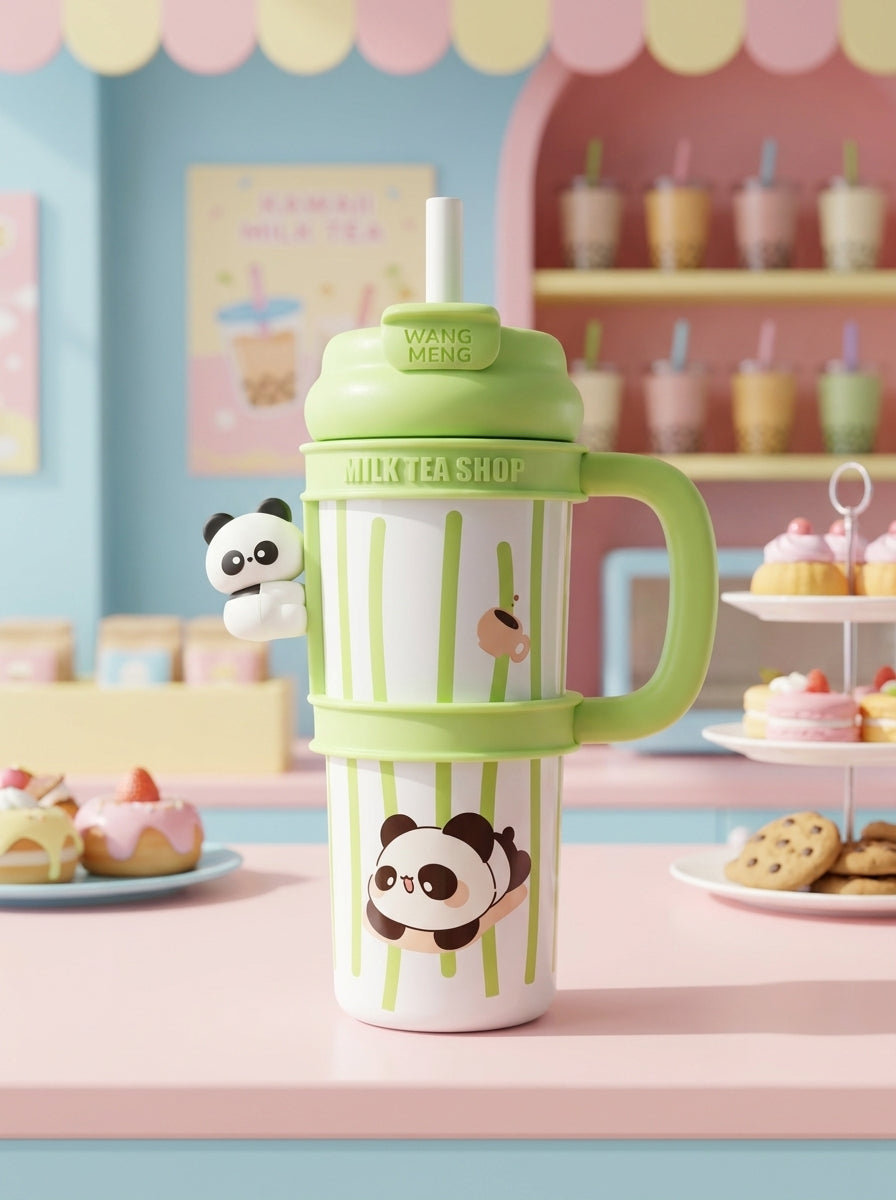 Cute Character Steel Insulated Tumbler – 1000ml | Large Capacity with Straw Lid & Handle
