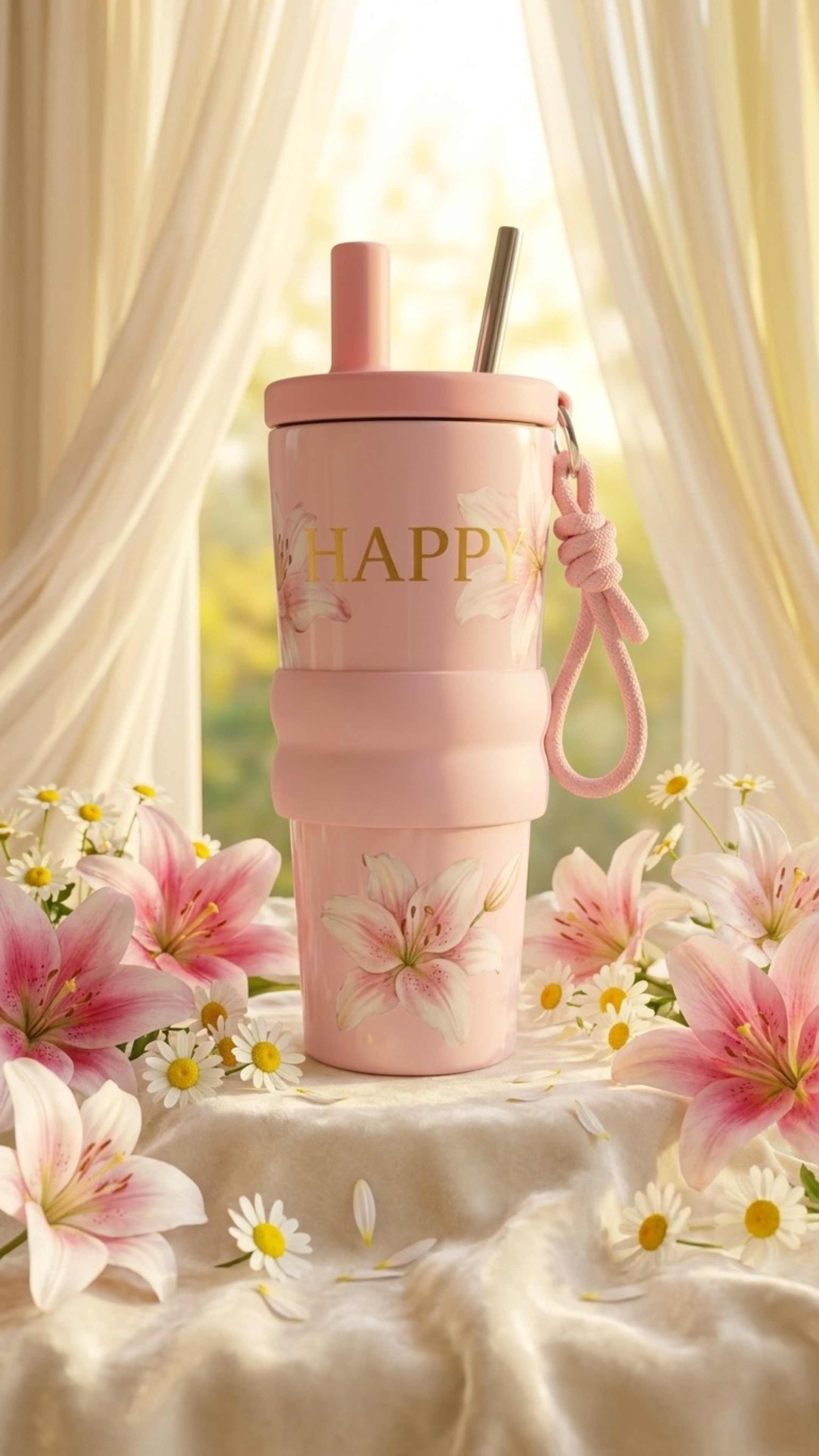 Floral Insulated Tumbler with Straw – Stainless Steel, Leak-Resistant Lid (700ml)