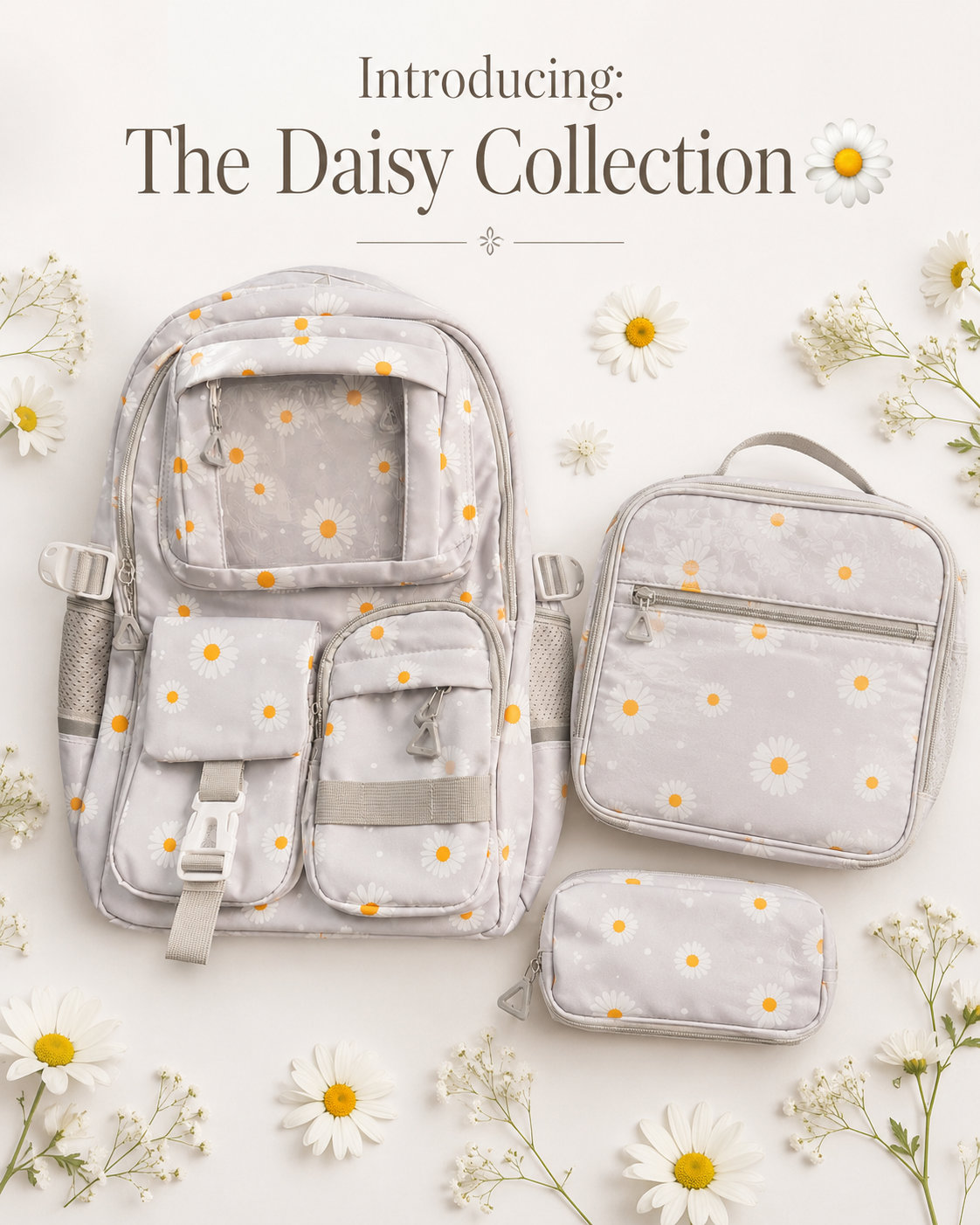 Daisy Collection Backpack Set (3-in-1) – Cloud Grey & Midnight Daisy | Kids School Bag with Lunch Bag & Pencil Pouch