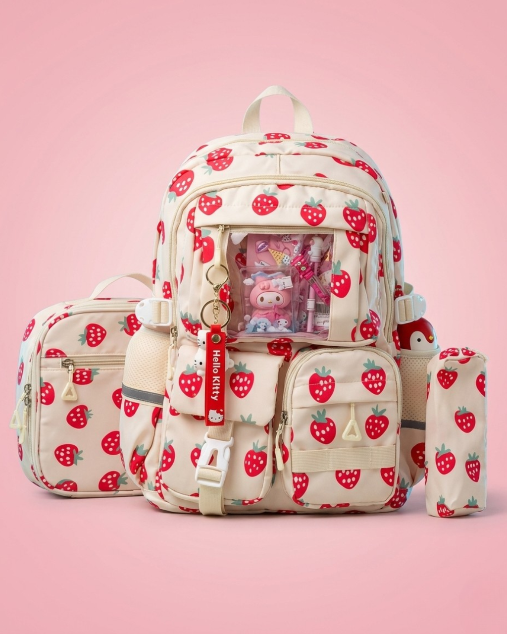 Strawberry Themed Kids Backpack Set – Cute Water-Resistant School Bag (3-in-1)