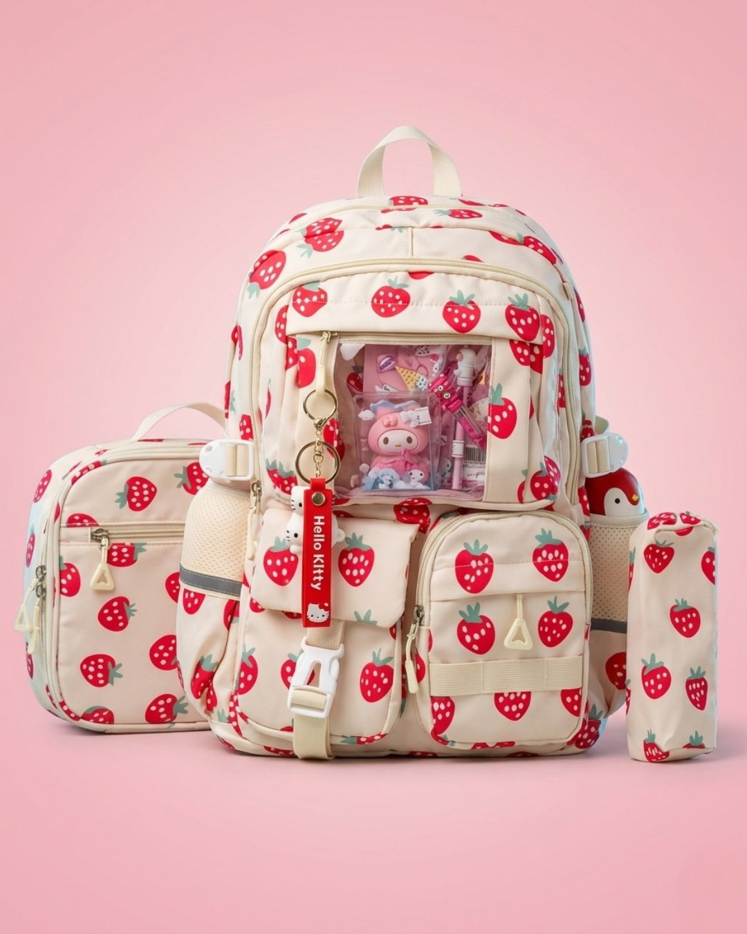 Strawberry Themed Kids Backpack Set – Cute Water-Resistant School Bag (3-in-1)