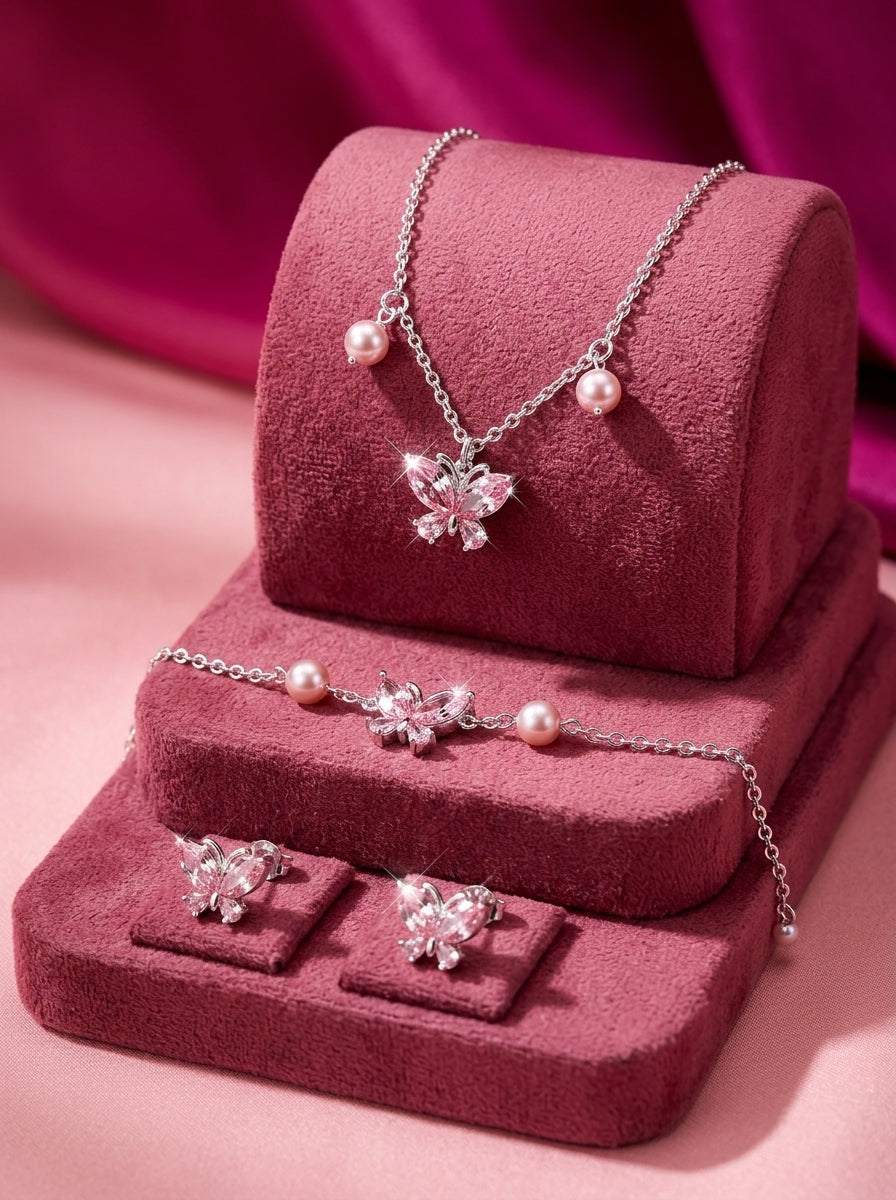 The Butterfly Crystal Necklace Set | Pink Butterfly Jewelry Collection