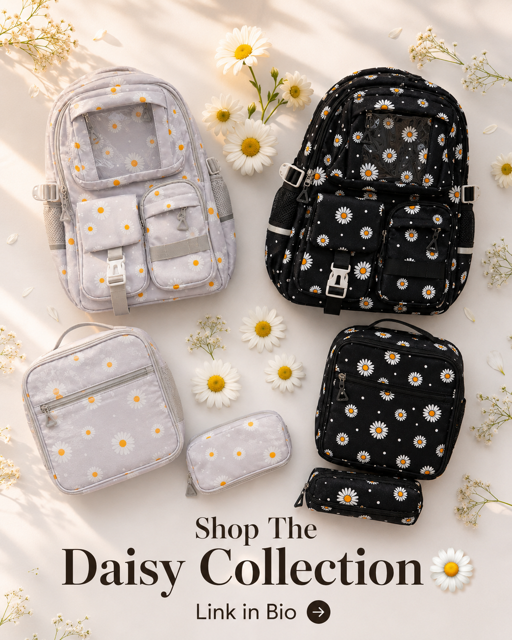 Daisy Collection Backpack Set (3-in-1) – Cloud Grey & Midnight Daisy | Kids School Bag with Lunch Bag & Pencil Pouch