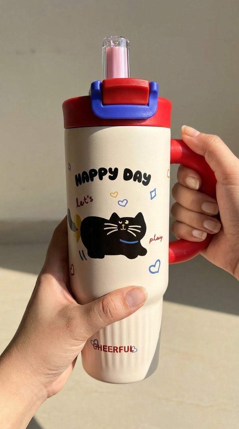 Cute Character Steel Insulated Tumbler – 800ml | Straw Lid with Comfort Handle