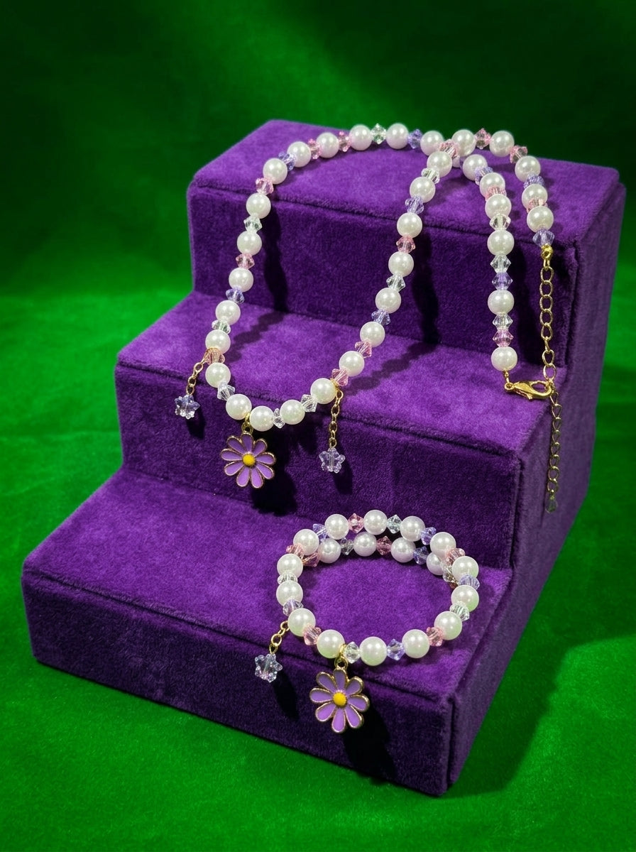 The Daisy Pearl Necklace & Bracelet Set | Floral Beaded Jewelry Collection | Lavender Daisy
