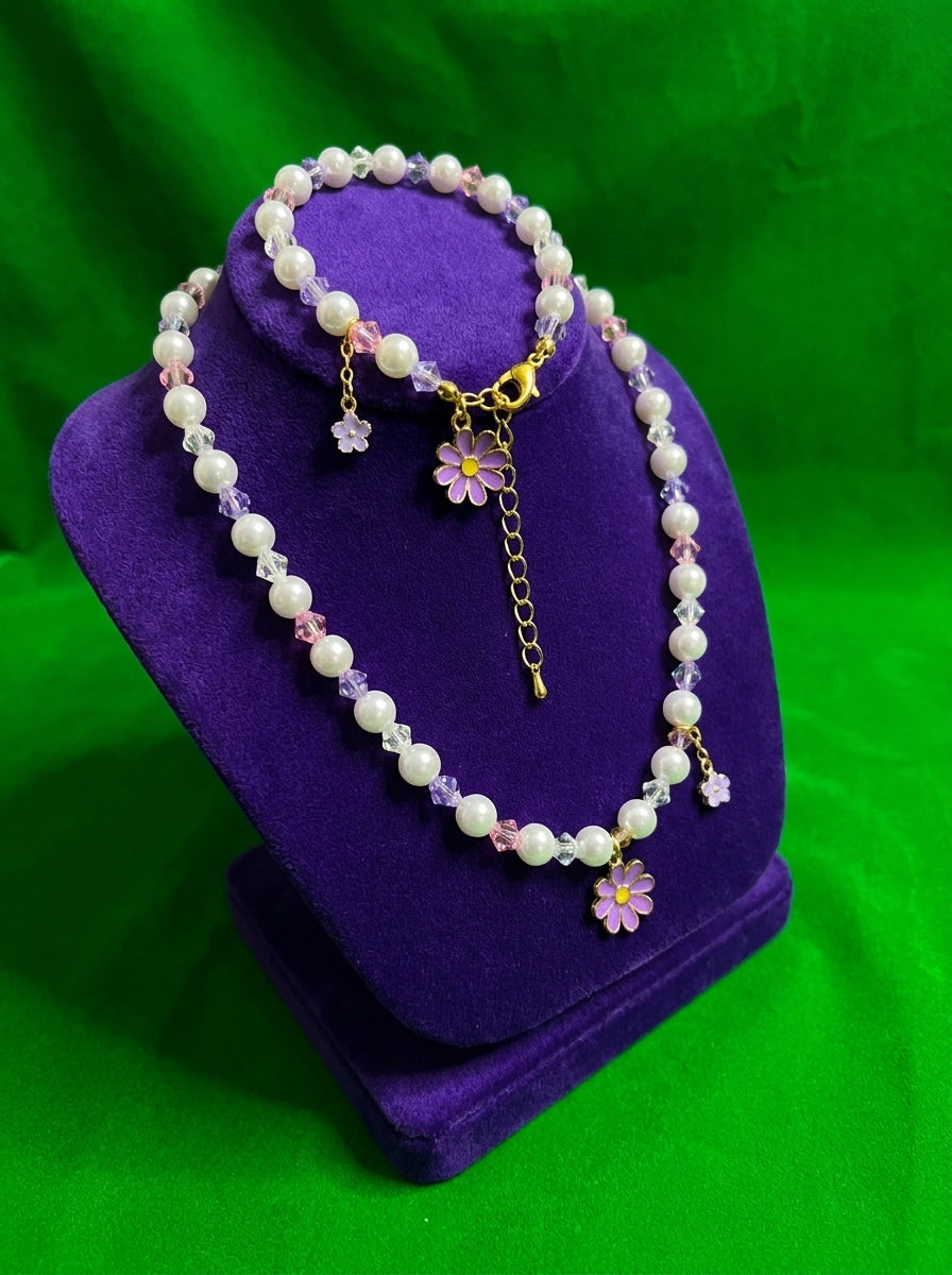 The Daisy Pearl Necklace & Bracelet Set | Floral Beaded Jewelry Collection | Lavender Daisy