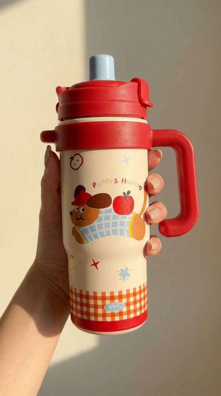 Puppy's Happy Steel Insulated Tumbler – 850ml | Cute Character Travel Cup with Handle