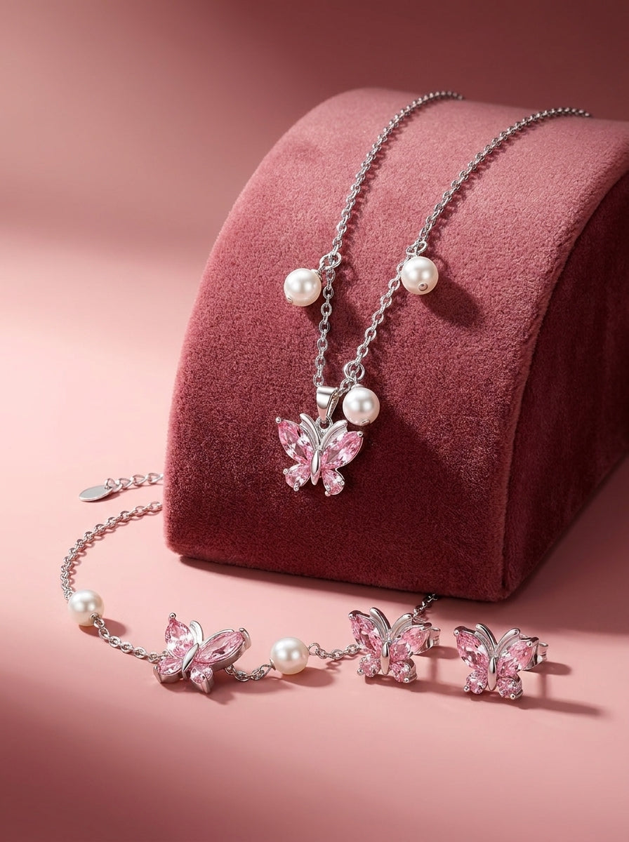 The Butterfly Crystal Necklace Set | Pink Butterfly Jewelry Collection