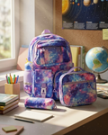 Colorful backpack and pencil case on a desk with educational posters in the background