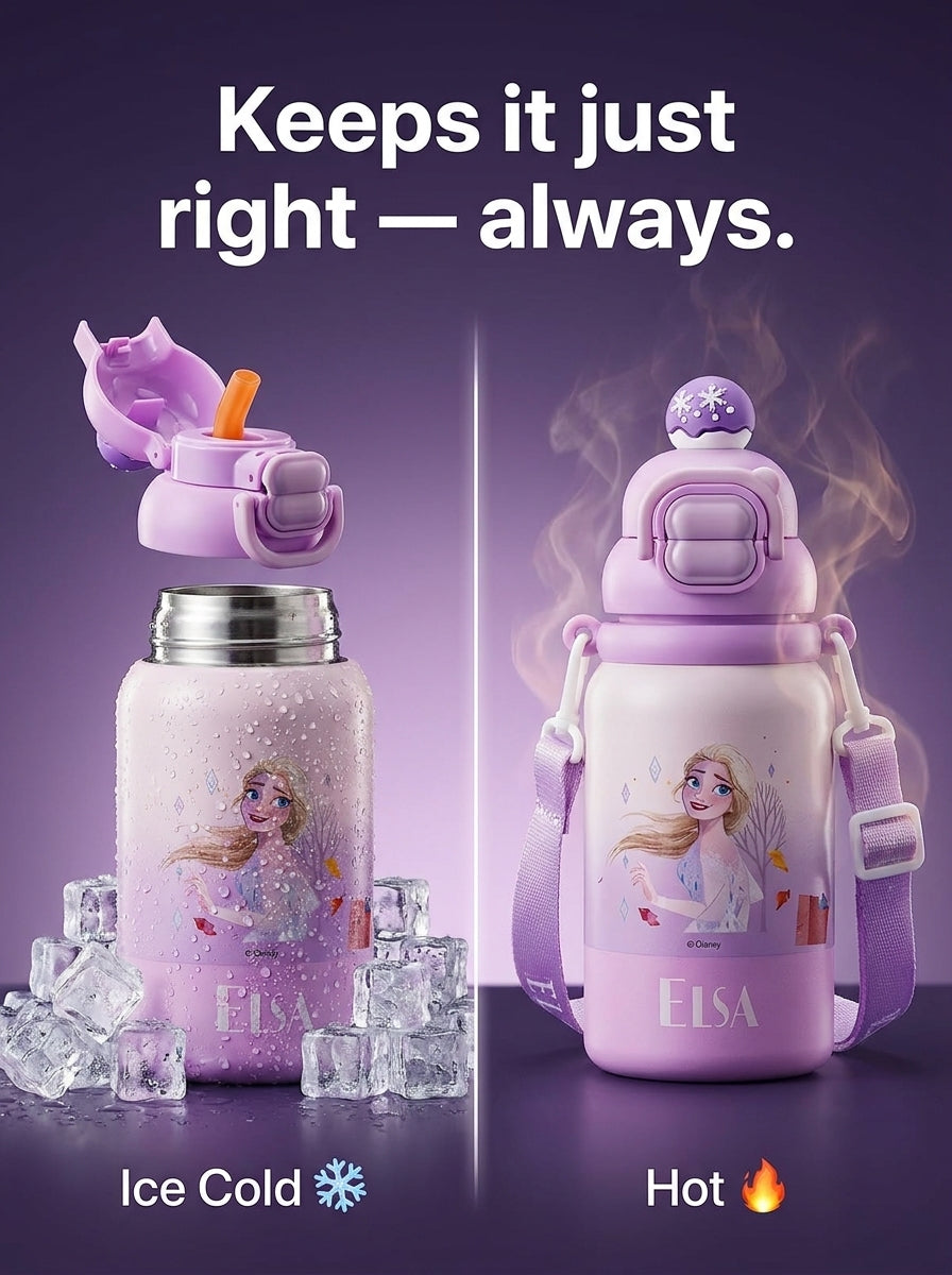 Elsa Magic Dual-Drink Insulated Steel Bottle with Strap | 500 ml