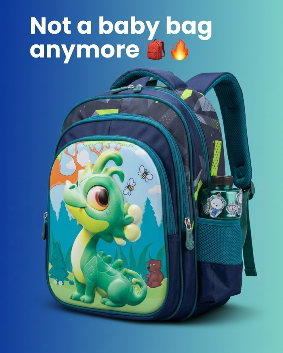 3D Kids Backpack – Water Resistant School Bag with 3 Compartments (Grade 1–2)