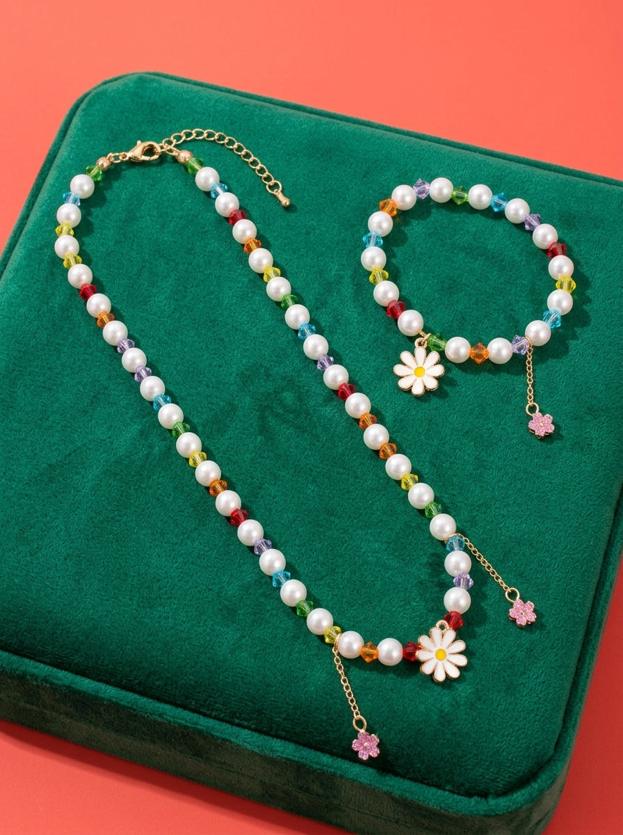The Daisy Pearl Necklace & Bracelet Set | Floral Beaded Jewelry Collection | Rainbow Daisy