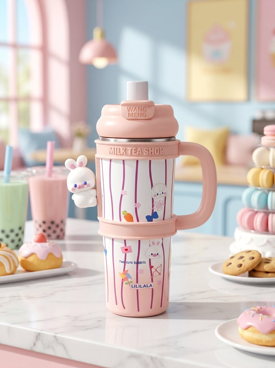 Cute Character Steel Insulated Tumbler – 1000ml | Large Capacity with Straw Lid & Handle