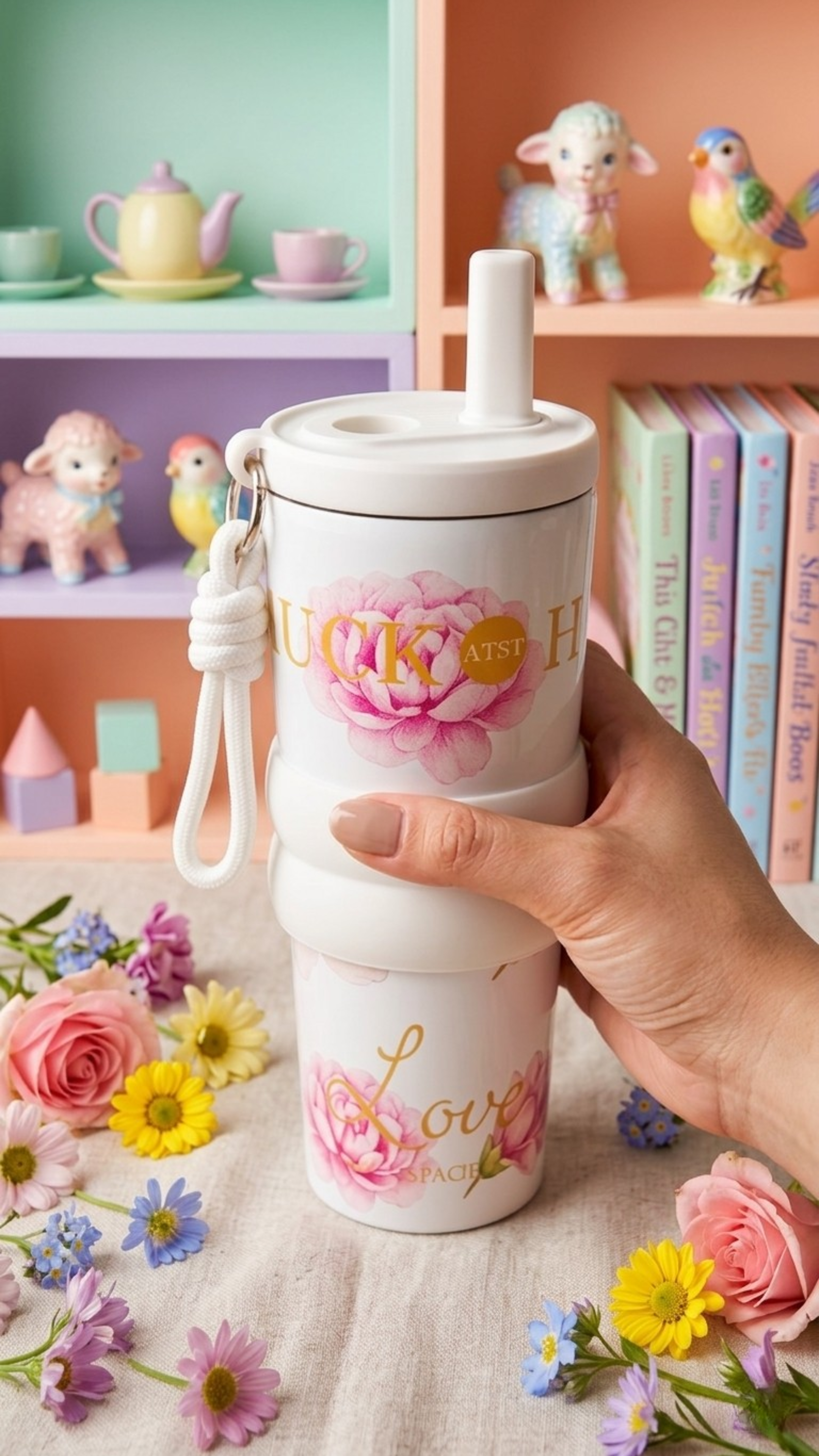 Floral Insulated Tumbler with Straw – Stainless Steel, Leak-Resistant Lid (700ml)