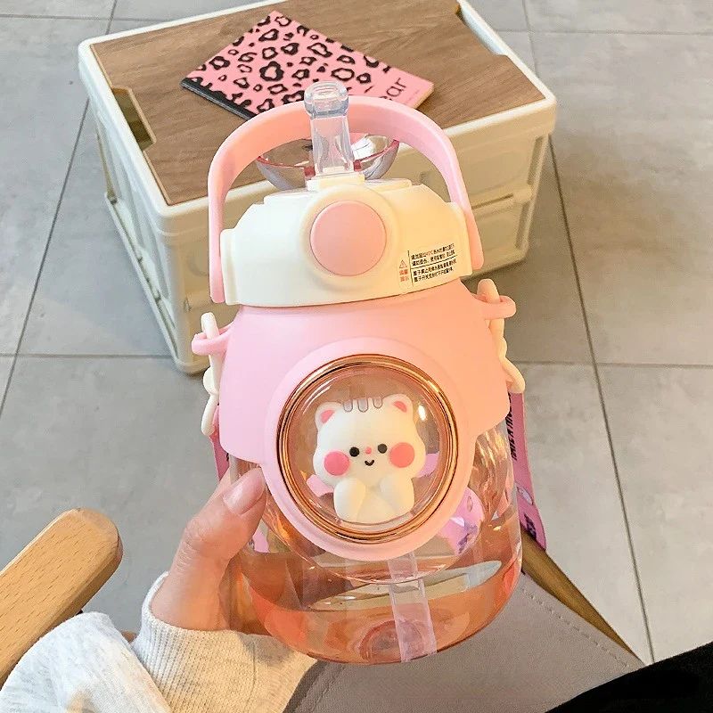 800ml Kids Cartoon Window Water Bottle with Straw & Handle – 4 Color Variants