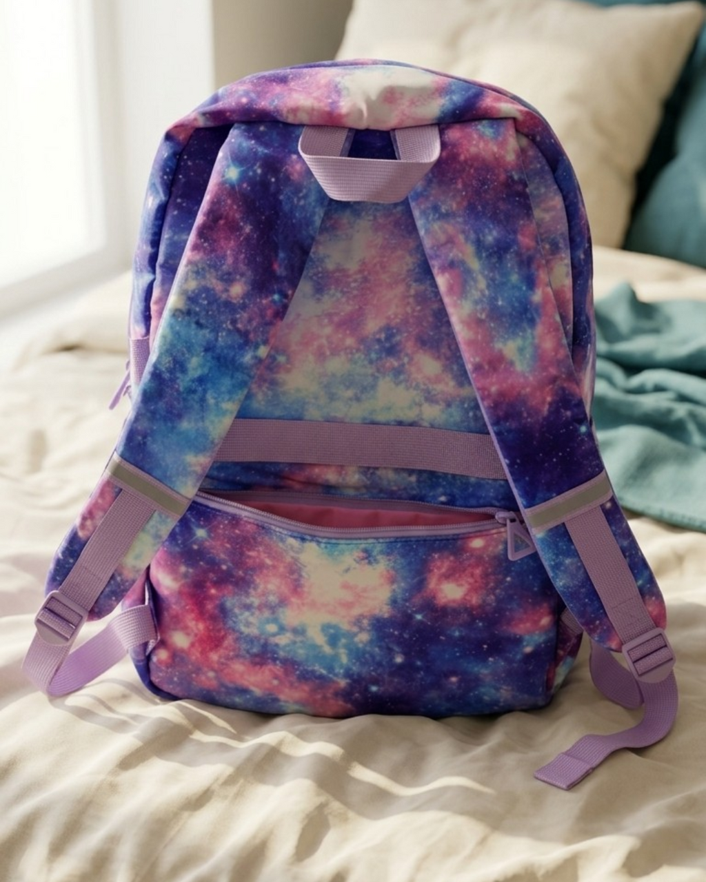 Colorful tie-dye backpack on a bed with pillows in the background