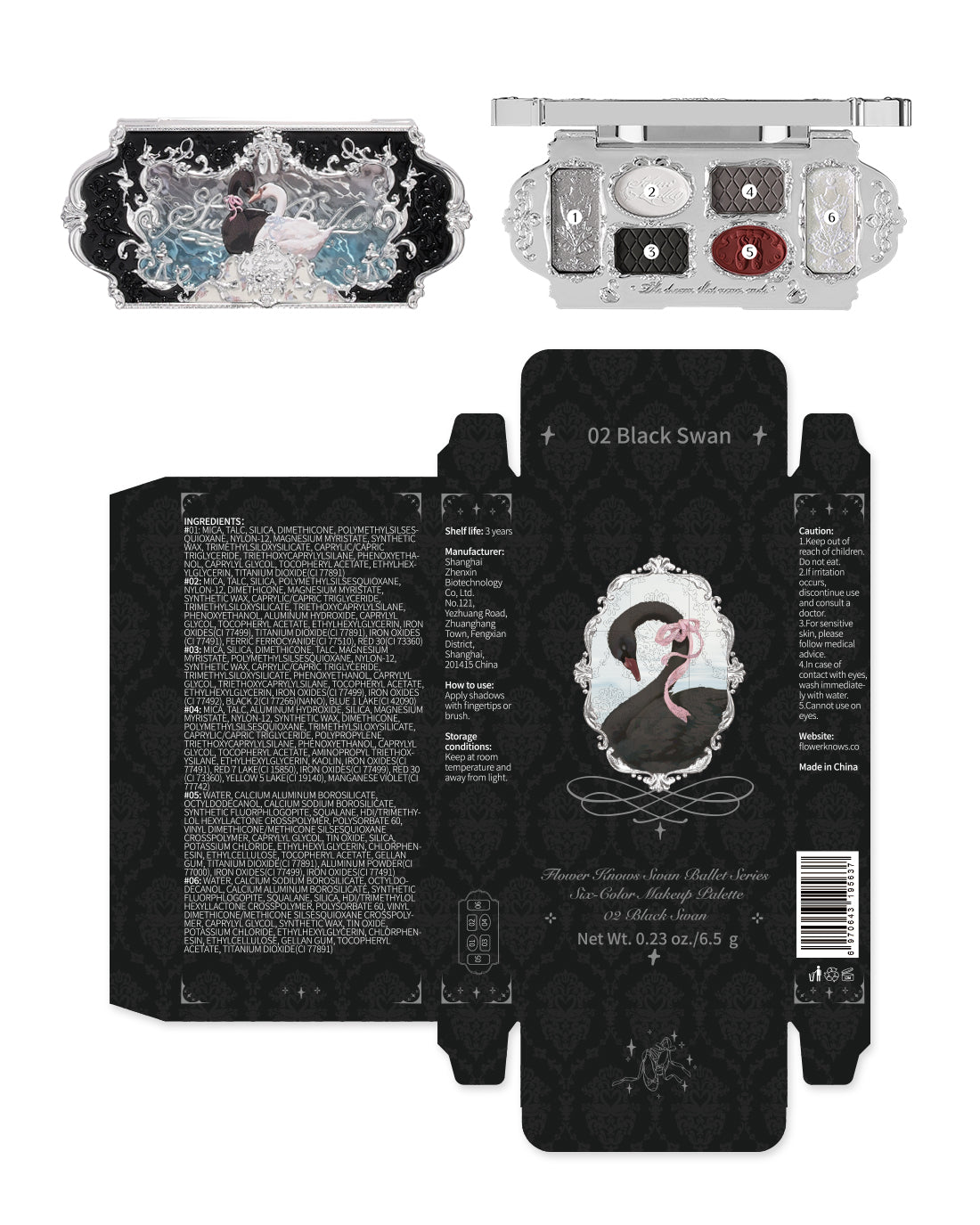 Flower Knows Swan Ballet Six-Color Makeup Palette - Black - Vintage Beauty Collection ✨