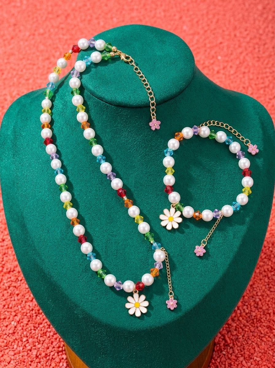 The Daisy Pearl Necklace & Bracelet Set | Floral Beaded Jewelry Collection | Rainbow Daisy