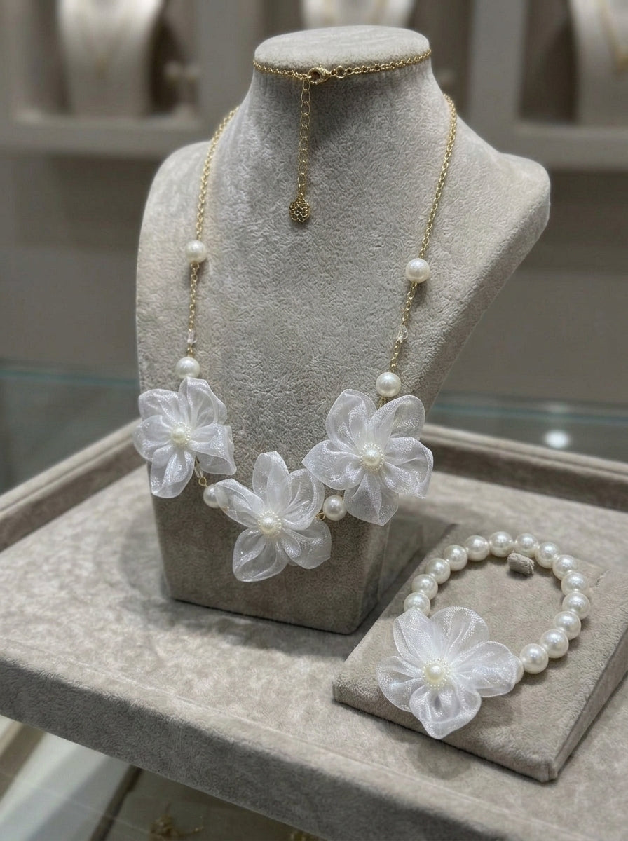 The Organza Blossom Necklace & Bracelet Set | Premium Floral Pearl Accessories | Pearl Blossom
