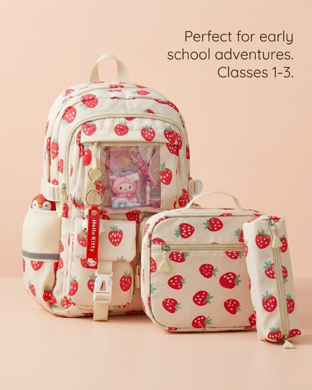 Strawberry Themed Kids Backpack Set – Cute Water-Resistant School Bag (3-in-1)