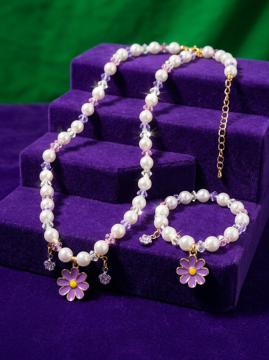 The Daisy Pearl Necklace & Bracelet Set | Floral Beaded Jewelry Collection | Lavender Daisy