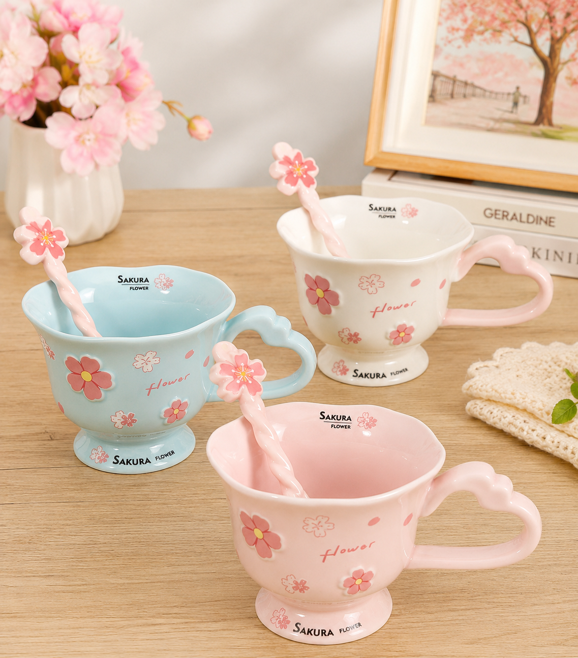 Sakura Blossom Ceramic Cup with Spoon | Floral Coffee & Tea Mug (3 Colors)