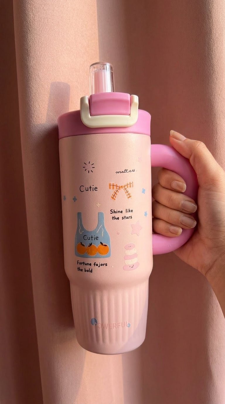 Cute Character Steel Insulated Tumbler – 800ml | Straw Lid with Comfort Handle