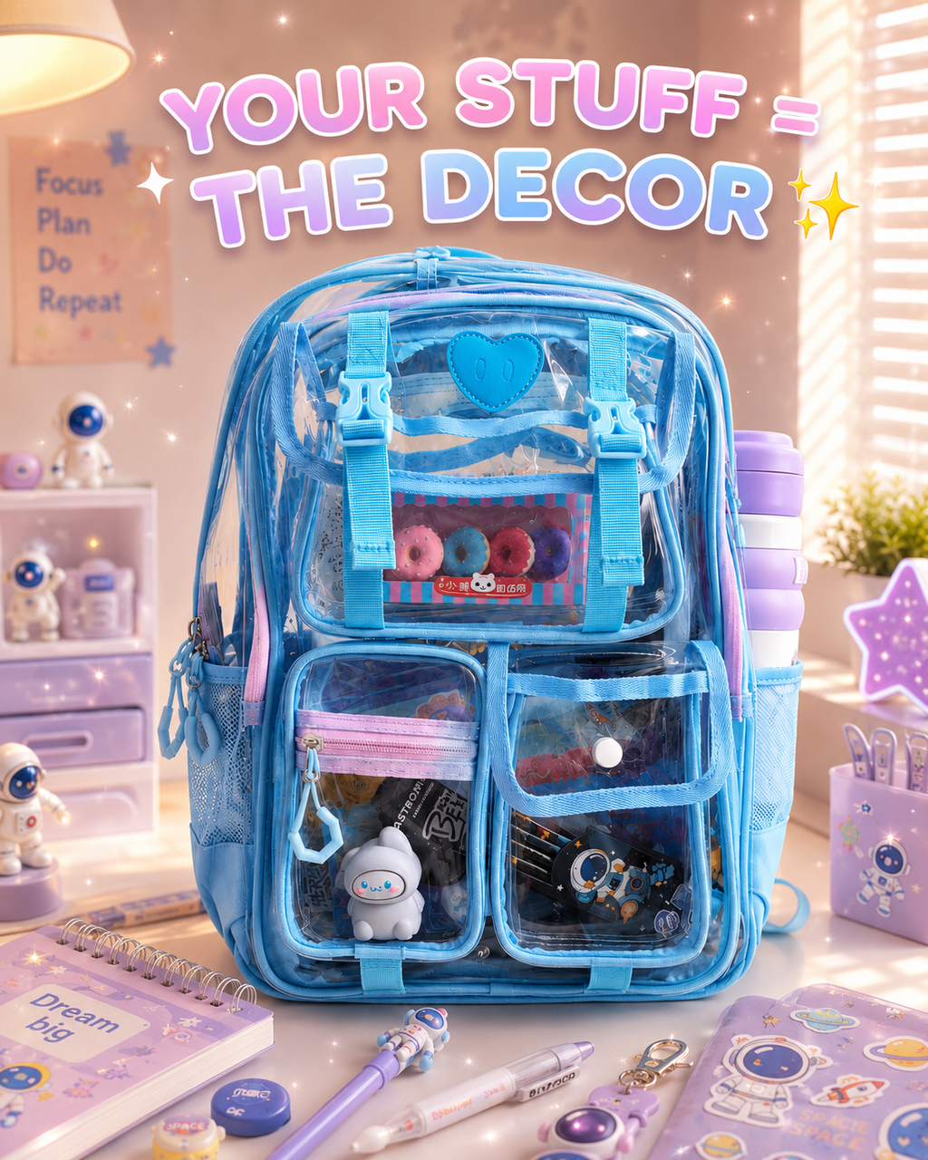 Peekaboo Pop Transparent Backpack | Sky Blue – Cute & Functional School Bag