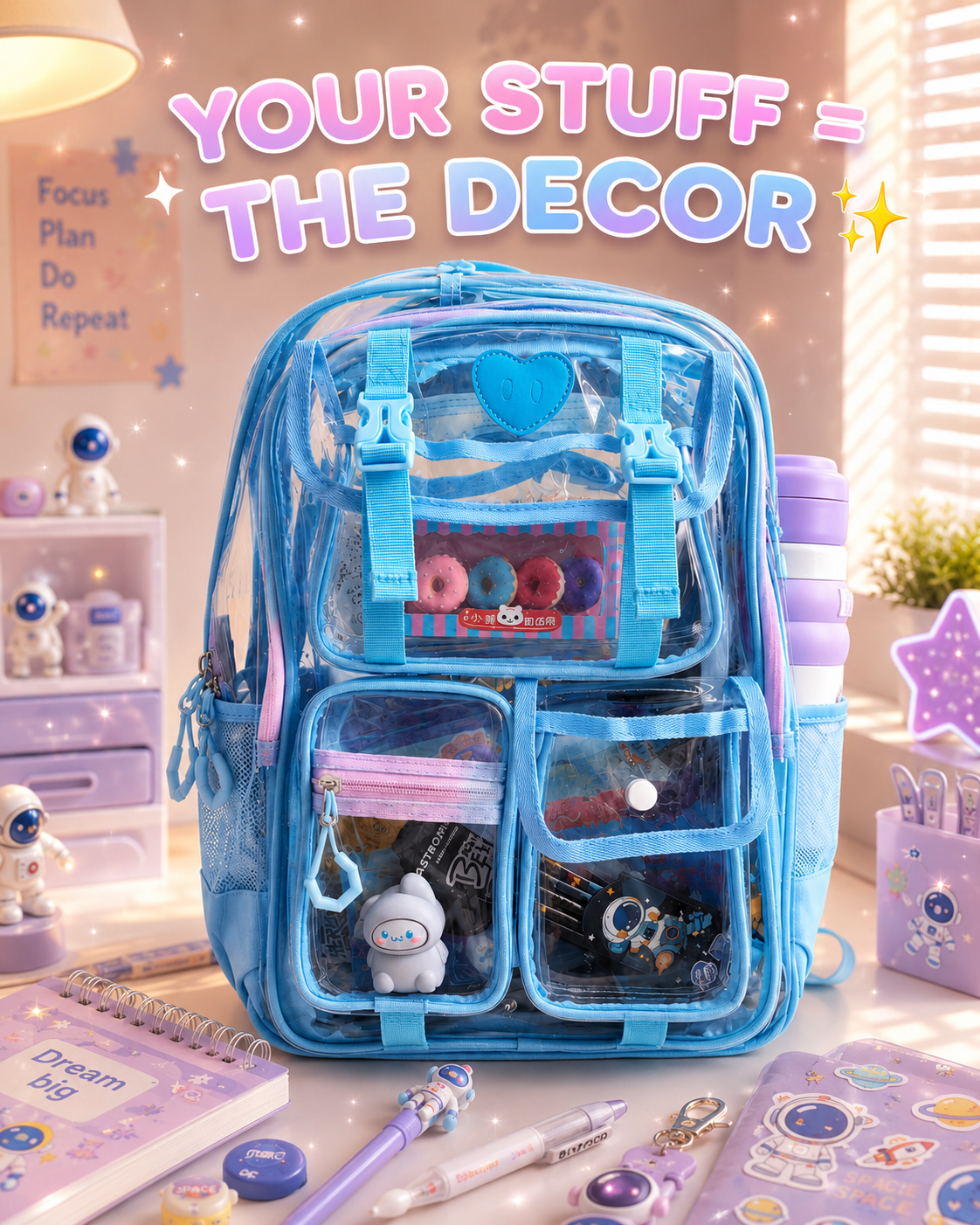 Peekaboo Pop Transparent Backpack | Sky Blue – Cute & Functional School Bag
