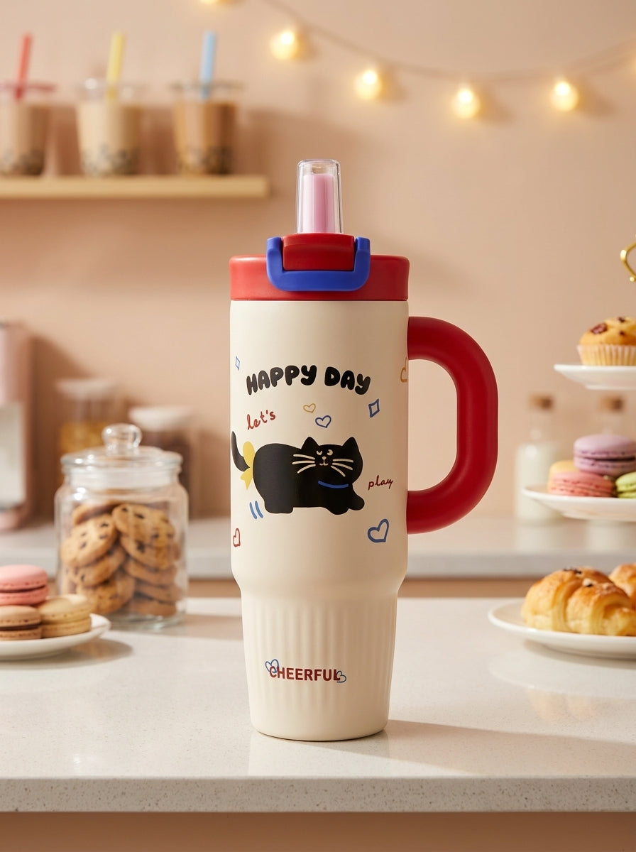 Cute Character Steel Insulated Tumbler – 800ml | Straw Lid with Comfort Handle
