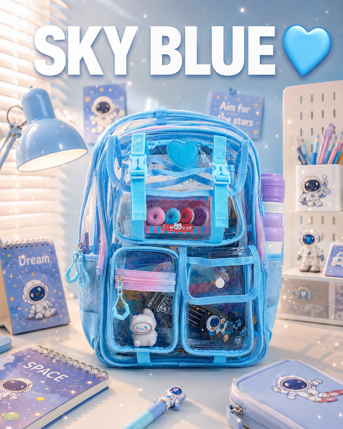 Peekaboo Pop Transparent Backpack | Sky Blue – Cute & Functional School Bag