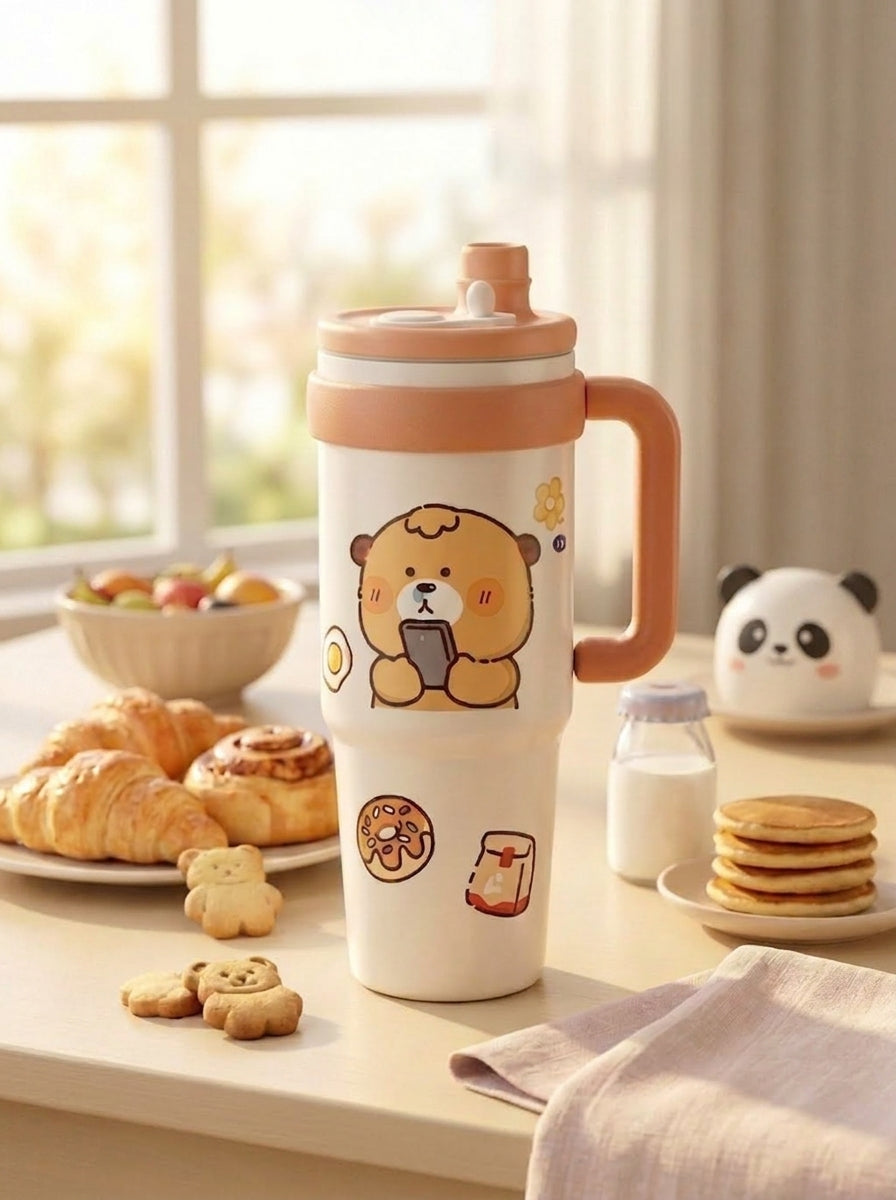 Happy Day Character Steel Insulated Tumbler – 1000ml | Premium Large Capacity Cup with Handle