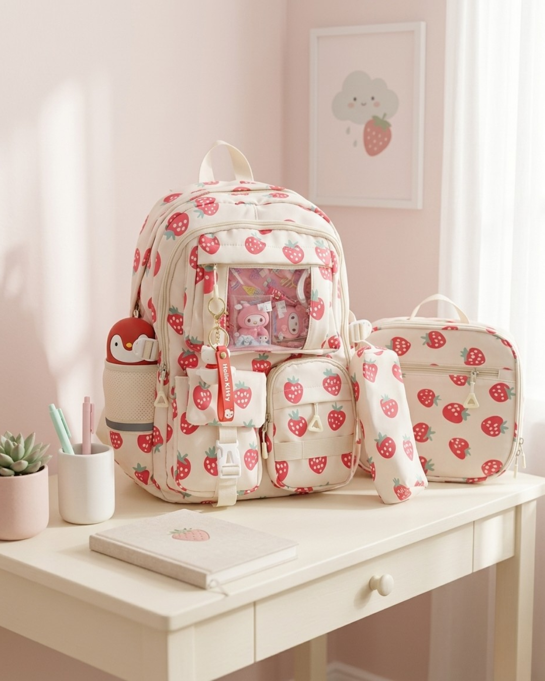 Strawberry Themed Kids Backpack Set – Cute Water-Resistant School Bag (3-in-1)