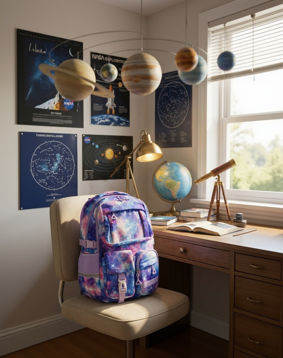 Colorful backpack on a chair in a room with space-themed decor including posters and a globe.