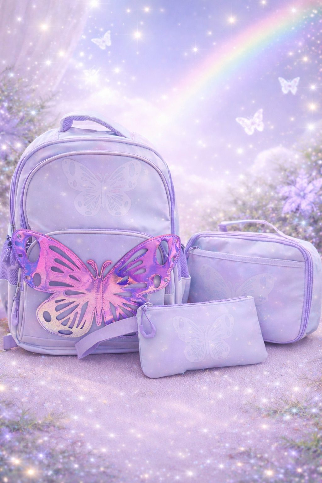 Enchanted Butterfly 3-Piece School Bag Set – Backpack with Insulated Tiffin Bag & Pencil Pouch