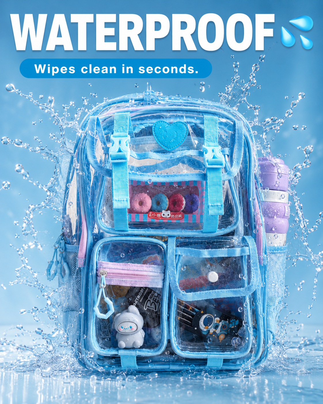 Peekaboo Pop Transparent Backpack | Sky Blue – Cute & Functional School Bag