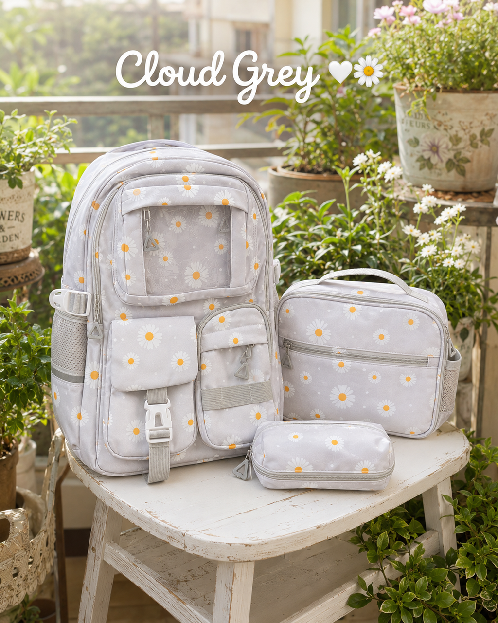 Daisy Collection Backpack Set (3-in-1) – Cloud Grey & Midnight Daisy | Kids School Bag with Lunch Bag & Pencil Pouch