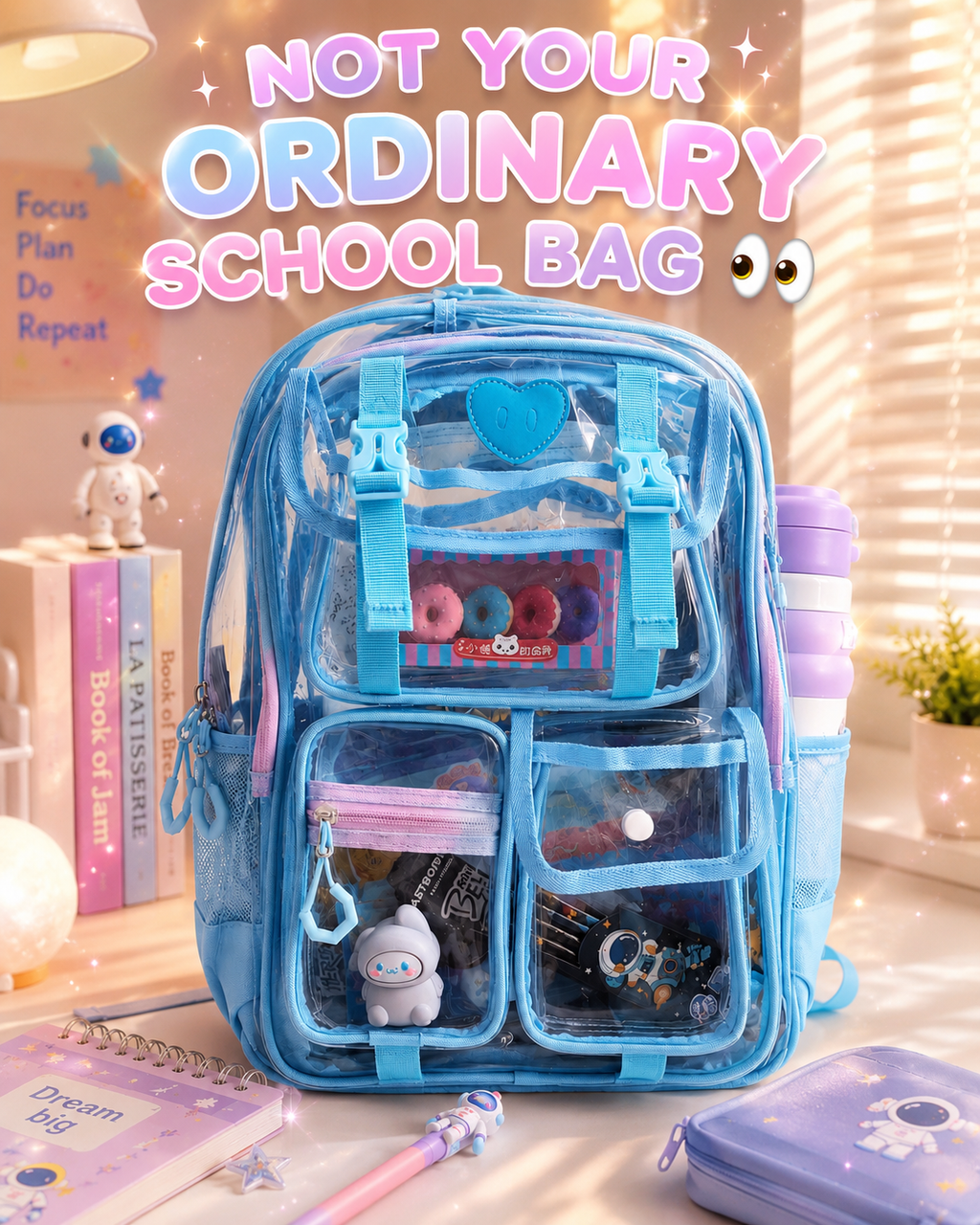 Peekaboo Pop Transparent Backpack | Sky Blue – Cute & Functional School Bag