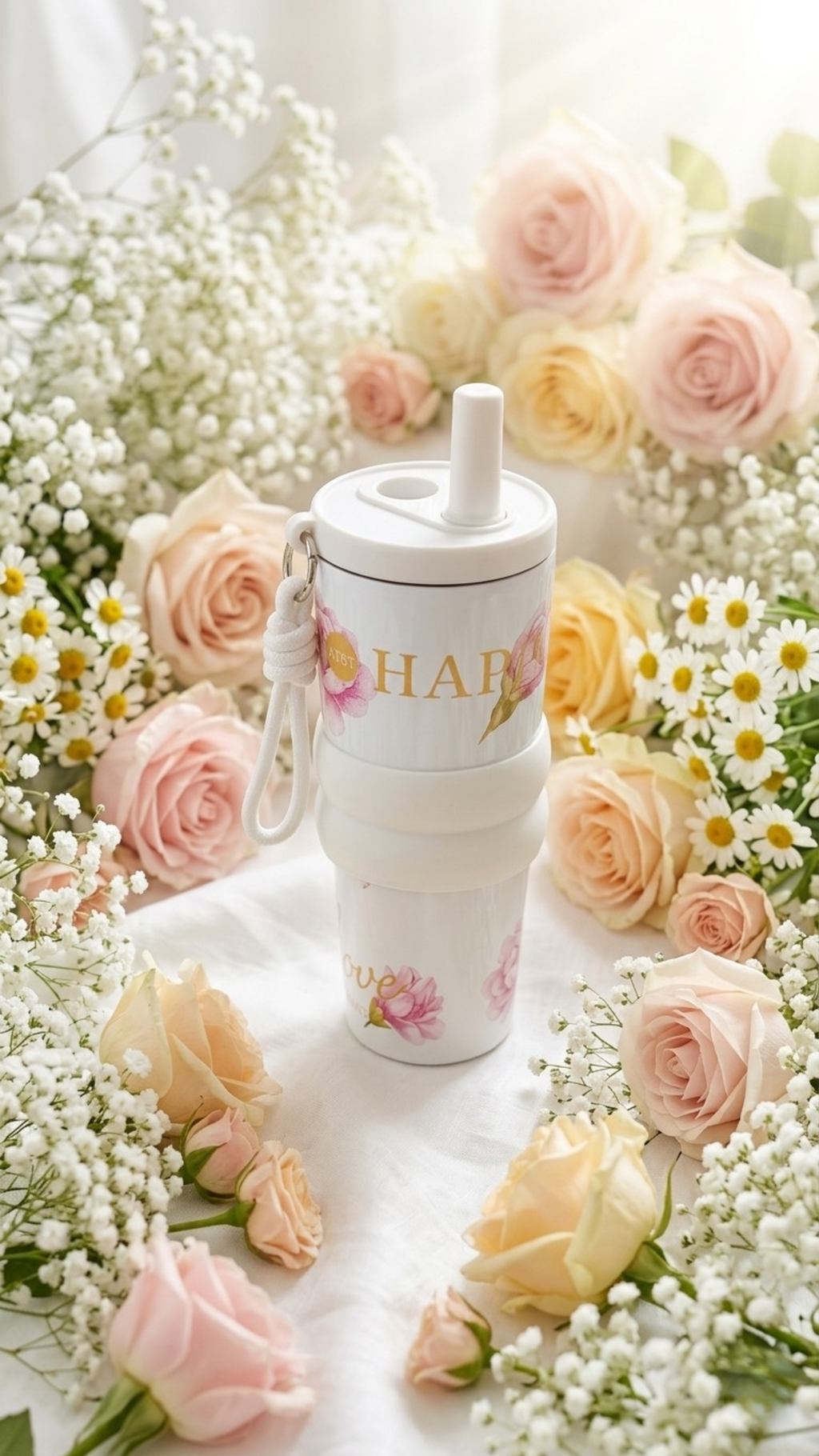 Floral Insulated Tumbler with Straw – Stainless Steel, Leak-Resistant Lid (700ml)