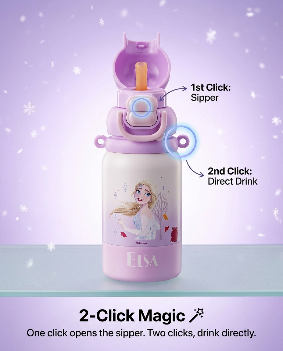 Elsa Magic Dual-Drink Insulated Steel Bottle with Strap | 500 ml