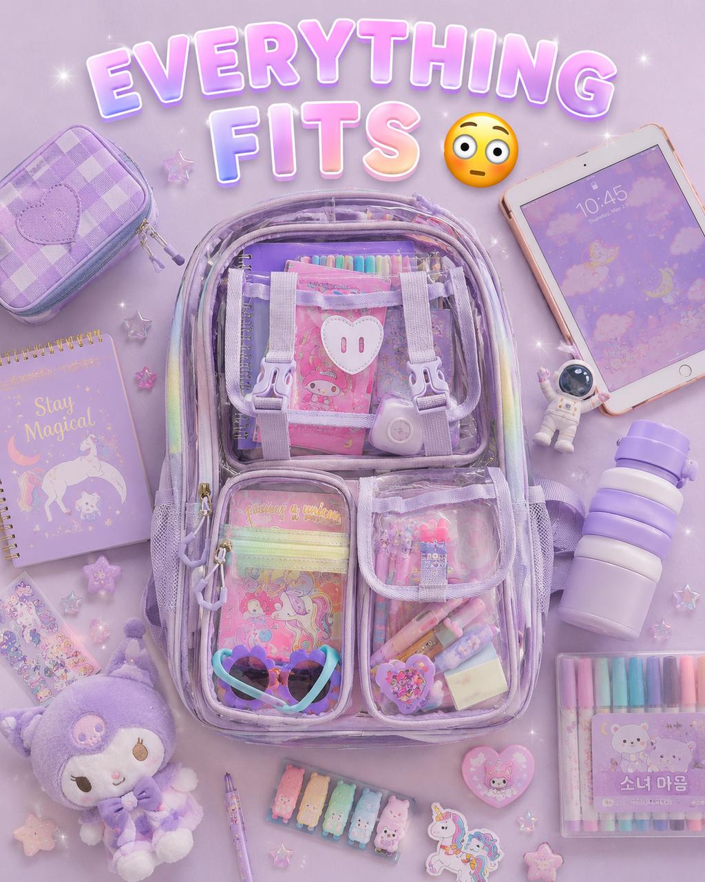 Peekaboo Pop Transparent Backpack | Lavender Dream – Cute & Functional School Bag