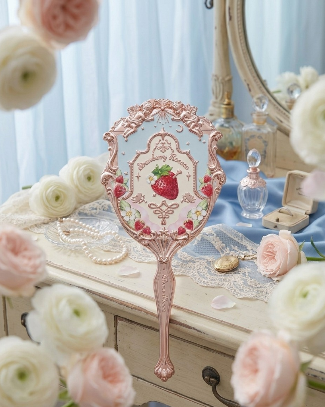 Flower Knows - Strawberry Rococo Hand Mirror | Handheld Mirror - Soft Blue | Vintage Beauty Collection ✨